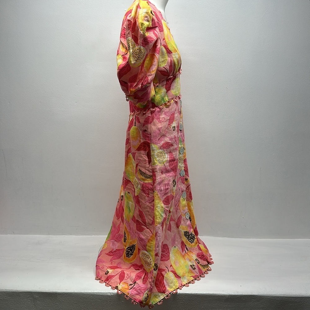 Farm Rio Pink Papaya Leaf Dress Linen Button Down Midi Short Sleeve Size Small - Picture 10 of 13